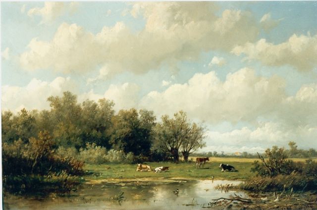 Anthonie Jacobus van Wijngaerdt | Cows in a meadow, oil on panel, 23.0 x 35.5 cm, signed l.r.