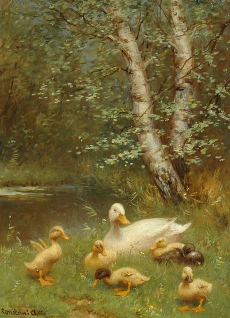 Constant Artz | Ducklings on a river bank, oil on panel, 24.0 x 18.0 cm, signed l.l.