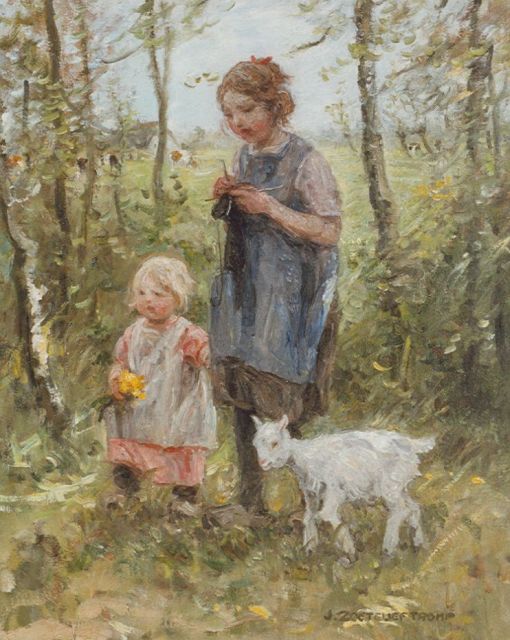 Zoetelief Tromp J.  | Homeward bound, two children and a goat, oil on canvas 59.7 x 50.0 cm