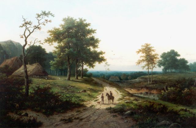 Hendrik Pieter Koekkoek | Hill landscape with horse and rider on country road, oil on canvas, 60.8 x 91.6 cm, signed l.l.