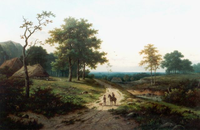 Koekkoek P.H.  | Hill landscape with horse and rider on country road, oil on canvas 60.8 x 91.6 cm, signed l.l.