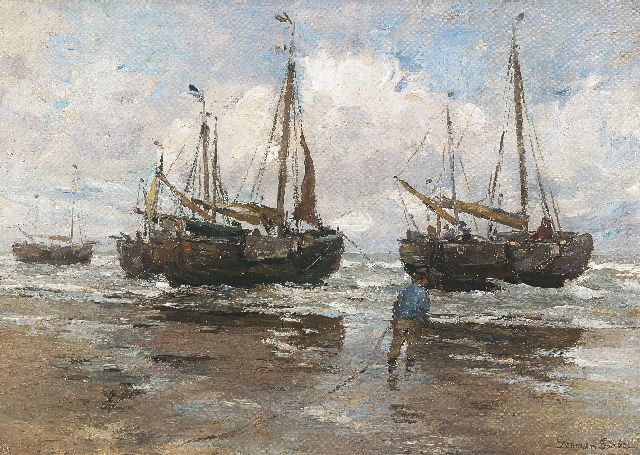 German Grobe | Fishing boats on the beach, oil on canvas laid down on board, 43.9 x 62.8 cm, signed l.r.