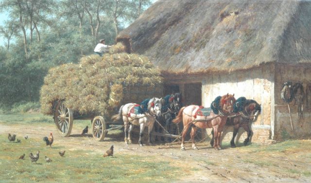 Willem Carel Nakken | Stacking the hay, oil on canvas, 47.7 x 80.1 cm, signed l.r.