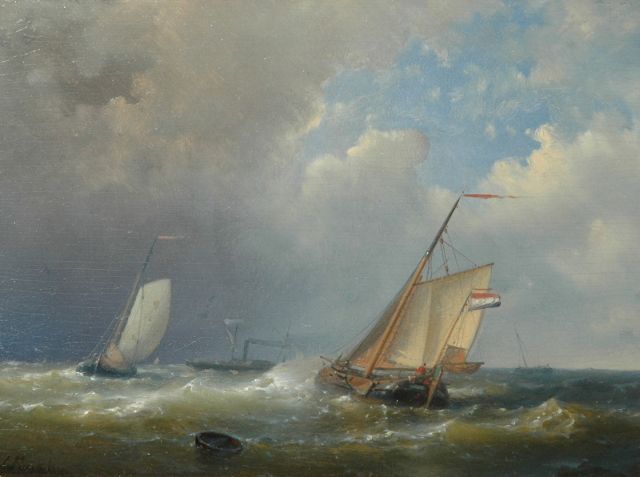 Abraham Hulk | Dutch ships sailing in choppy seas, oil on panel, 18.0 x 24.6 cm, signed l.l.