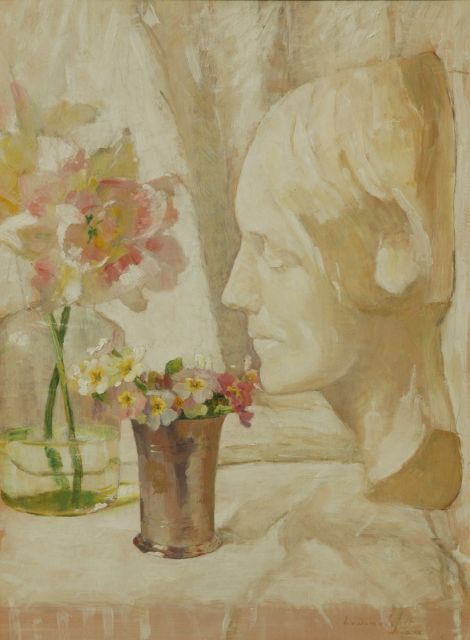 Dam van Isselt L. van | A still life with flowers and a plaster statue, oil on panel 44.1 x 32.7 cm, signed l.r. and dated 1919 on the reverse