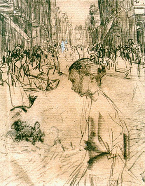 Isaac Israels | Woman in an Amsterdam street; verso: a woman’s portrait, chalk on paper, 15.5 x 12.0 cm, signed possibly with monogram and painted in 1893