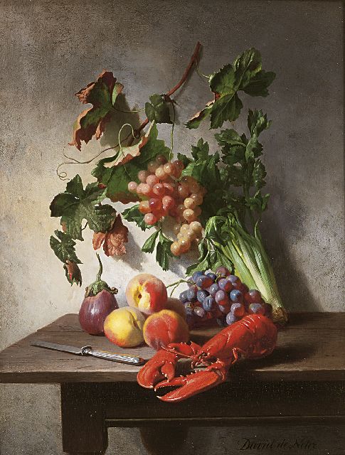 David de Noter | A still life with fruits, vegetables and a lobster, oil on panel, 37.0 x 28.3 cm, signed l.r.