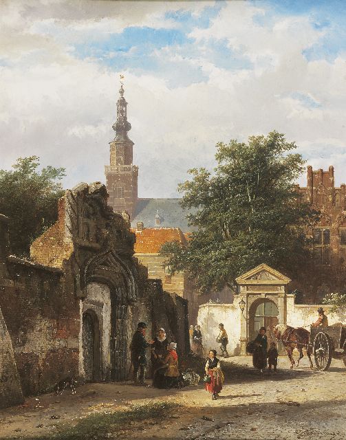 Cornelis Springer | At the entrance of the former St. Catharina convent in Brielle, oil on panel, 49.1 x 38.6 cm, signed l.r. in full and l.l. with monogram and reverse and dated '55