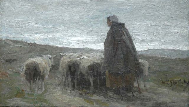 Willem Steeling jr. | Sheep with shepherdess, oil on panel, 13.1 x 22.9 cm, signed l.r.