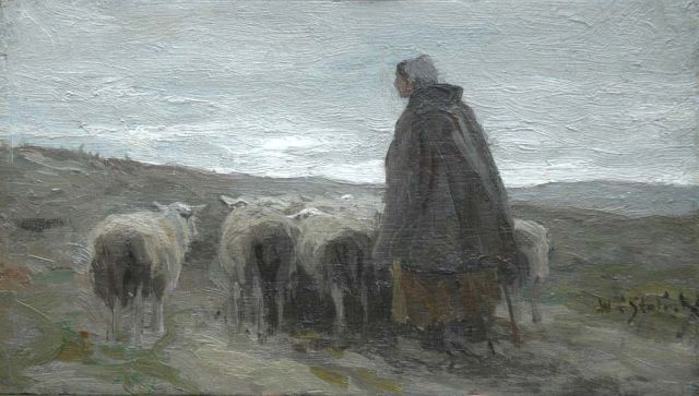 Willem Steelink jr. | Sheep with shepherdess, oil on panel, 13.1 x 22.9 cm, signed l.r.