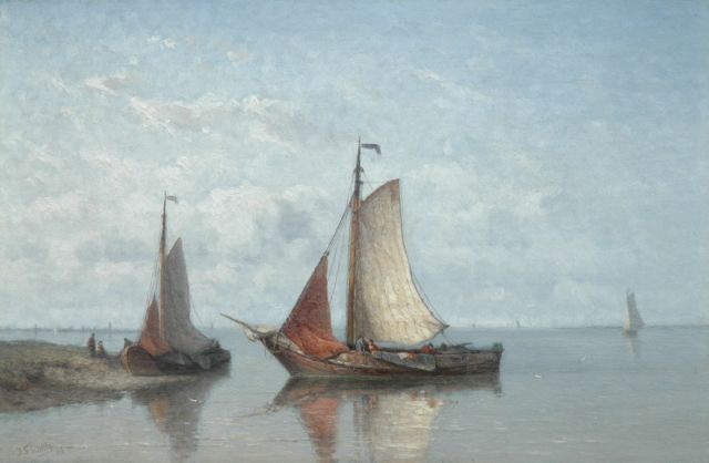 Jan Frederik Schütz | Fishing boats from Zierikzee in a calm, oil on panel, 32.5 x 49.2 cm, signed l.l. and dated '84
