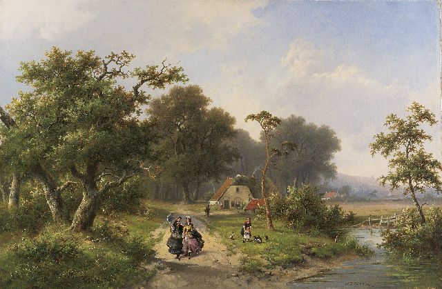 Koekkoek P.H.  | Elegant ladies walking on a country road near a farmyard, oil on canvas 66.5 x 99.6 cm, signed l.r.