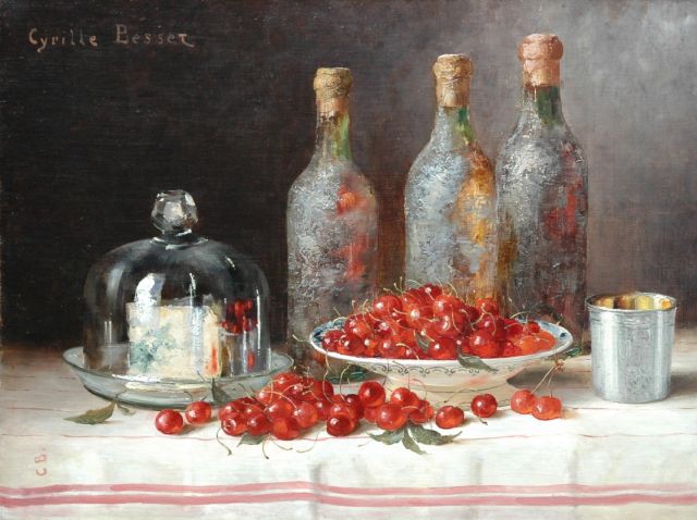 Cyrille Besset | A still life with bottles, cheese and cherries, oil on canvas, 49.4 x 65.0 cm, signed u.l. and l.l. with initials