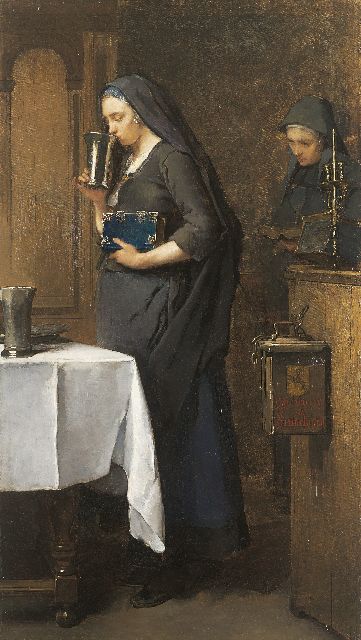 Bisschop Ch.  | A moment of piety, Hinlopen, oil on canvas 103.4 x 58.8 cm, signed u.l. and painted circa 1880