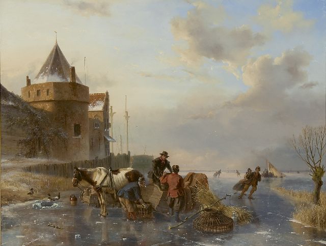 Nicolaas Roosenboom | Unloading the horse's sledge near the Schreierstoren, Amsterdam, oil on panel, 63.5 x 83.4 cm, signed l.l. and painted between 1844-1845