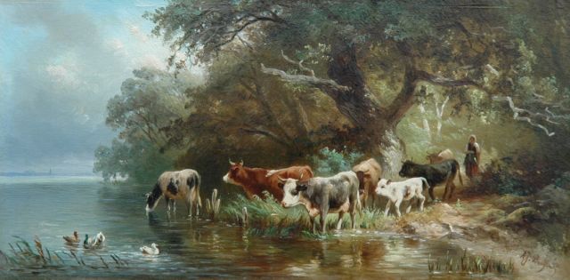 Prooijen A.J. van | Cows watering, oil on panel 16.1 x 33.0 cm, signed l.r.