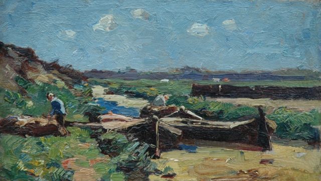 Knikker A.  | Peat cutters, oil on canvas laid down on panel 20.3 x 34.3 cm