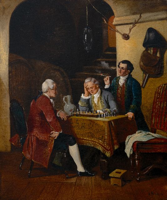 Engelse School | Playing chess in the cellar, oil on canvas, 69.0 x 55.8 cm, gesigneerd r.o.