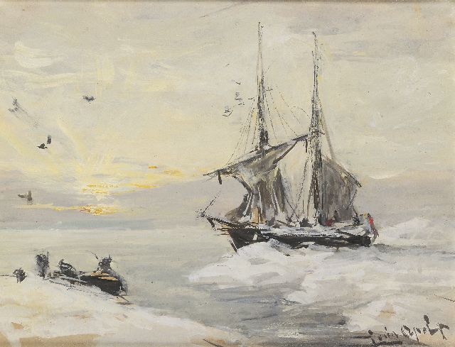 Louis Apol | The Willem Barentsz in Spitsbergen, gouache on paper, 13.2 x 17.5 cm, signed l.r.