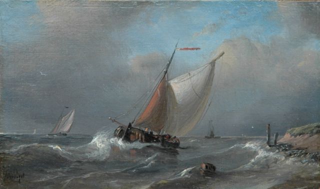 Petrus Paulus Schiedges | Sailing vessel on choppy waters, oil on panel, 9.4 x 16.0 cm, signed l.l.