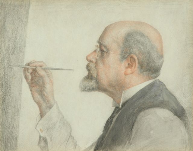 Georg Rueter | Prof. dr. Jan Veth at his easel, coloured pencil on paper, 27.1 x 33.6 cm