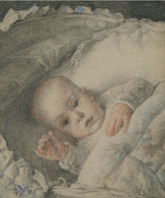 Rueter W.C.G.  | A portrait of Jan Peter Moes as a baby, coloured pencil and chalk on paper 32.6 x 27.9 cm, signed l.r. and dated 1920