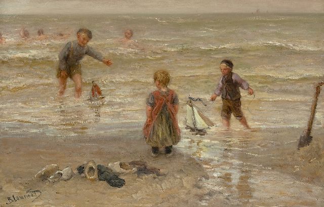 Bernard Blommers | Playing on the beach, oil on canvas, 64.4 x 100.6 cm, signed l.l.
