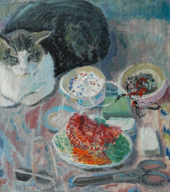 Hannie Bouman | Still life with cat, oil on canvas, 49.9 x 45.0 cm, signed l.r. and dated '62