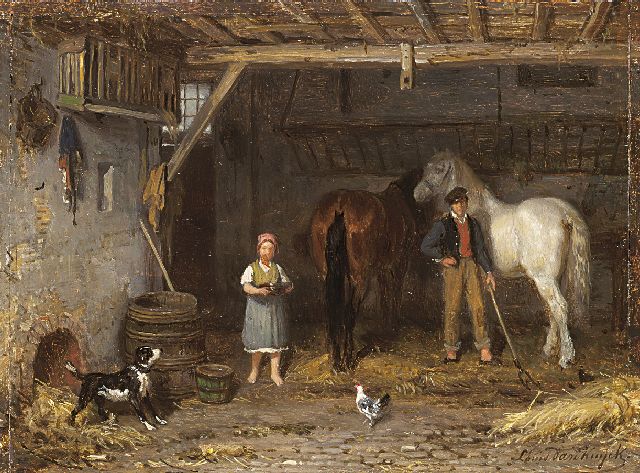 Jean Louis van Kuyck | Feeding the horses, oil on panel, 16.9 x 22.6 cm, signed l.r.