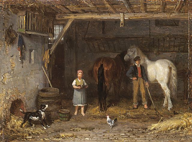 Kuyck J.L. van | Feeding the horses, oil on panel 16.9 x 22.6 cm, signed l.r.