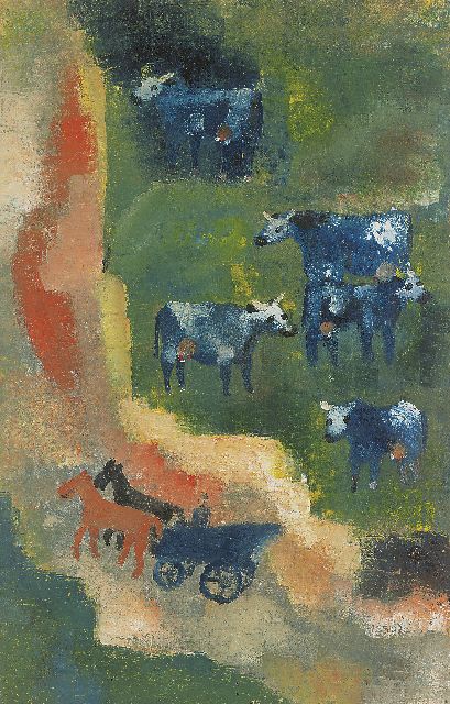 Werkman H.N.  | Blue cows, unique printing, handstamped in colour on beige vellum paper 51.0 x 32.7 cm, painted in 1943