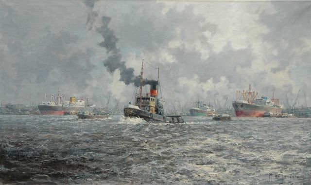 M.J. Drulman (M. de Jongere) | Tug fleet, The Waalhaven Rotterdam, oil on canvas, 60.3 x 100.8 cm, signed l.r. with pseudonym 'M. de Jongere'
