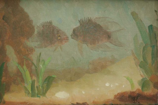 Dijsselhof G.W.  | An aquarium with fish, oil on canvas 18.0 x 25.5 cm, signed l.r. with monogram