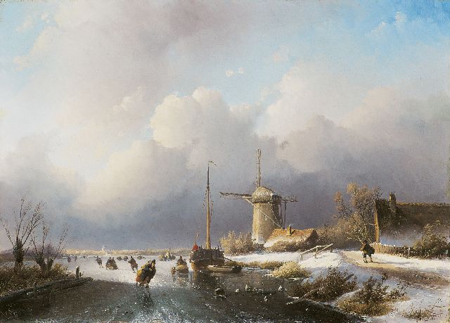 Spohler J.J.  | Skating on a river near a windmill, oil on panel 39.2 x 55.3 cm, signed l.l.