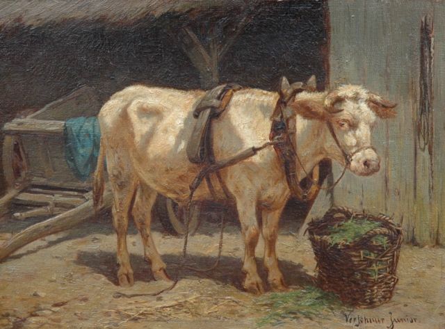 Verschuur jr. W.  | Feeding time at the end of the day, oil on panel 15.2 x 20.6 cm, signed l.r.