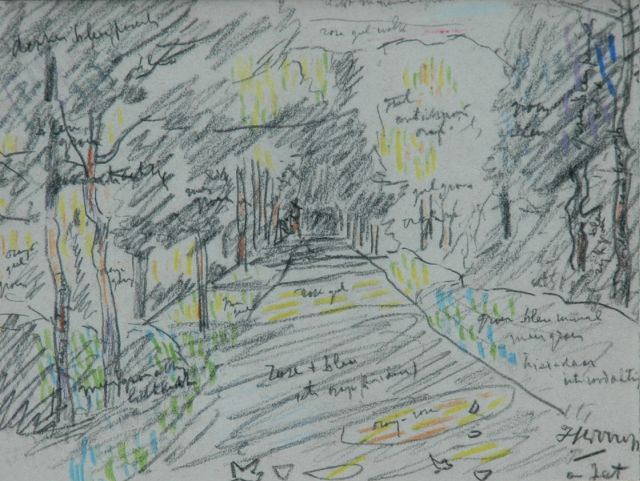 Toorop J.Th.  | Study of a country lane, with color indications, pencil and pastel on paper 11.1 x 14.7 cm, signed l.r.