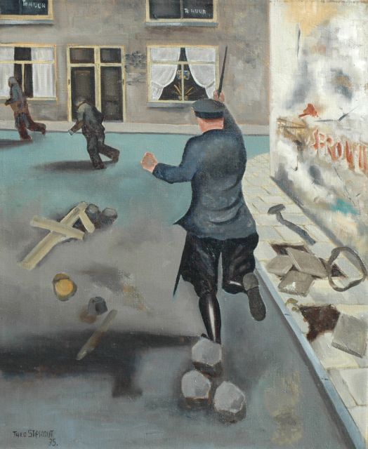 Theo Stiphout | A policeman chasing criminals, oil on canvas, 44.3 x 36.3 cm, signed l.l. and dated '35