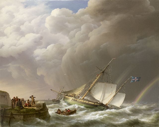 Koekkoek J.H.  | Sailing ship off a jetty in stormy weather, oil on canvas 113.0 x 142.0 cm, signed l.l. and dated 1827