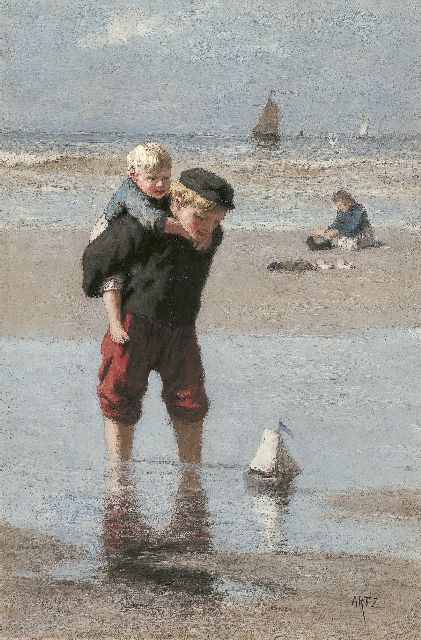 David Artz | Children on the beach, oil on canvas, 45.5 x 30.0 cm, signed l.r.