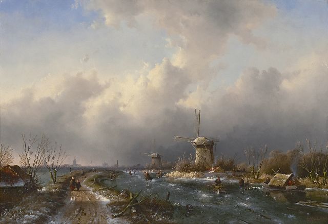 Charles Leickert | Skaters on a frozen waterway near windmills, oil on panel, 50.4 x 73.9 cm, signed l.r. and dated '53