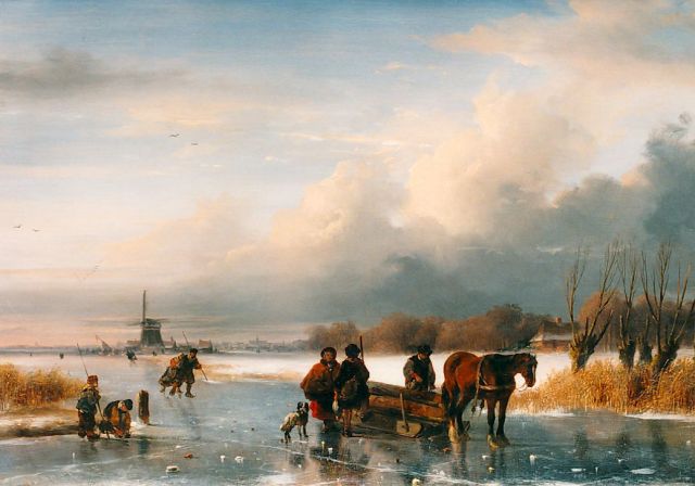 Roosenboom N.J.  | Figures and a 'koek en zopie' on the ice, oil on panel 30.7 x 43.7 cm, signed l.l.