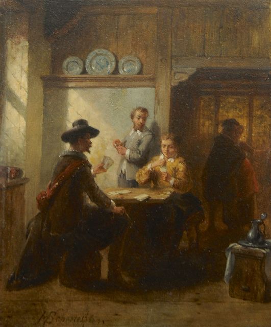 Scheeres H.J.  | Card players and a courtship in an Old Dutch interior, oil on panel 18.6 x 15.1 cm, signed l.l. and dated '63