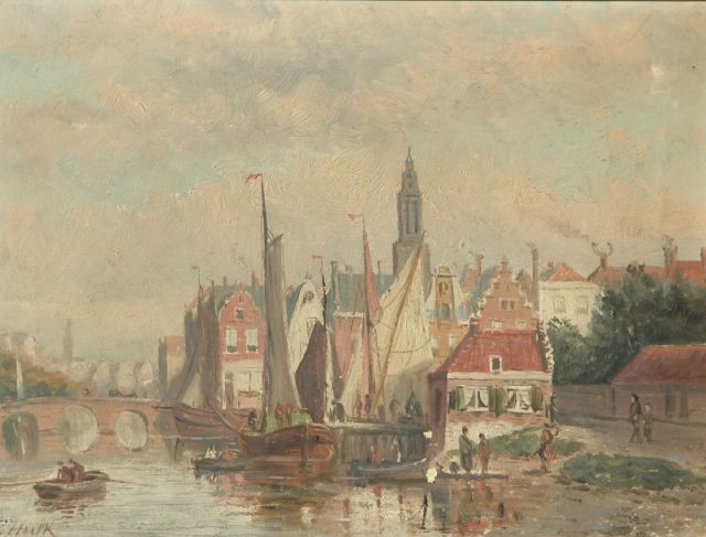 Hulk sr. J.F.  | Sailing vessels in a city harbour, oil on canvas 23.0 x 31.0 cm, gesigneerd l.o.