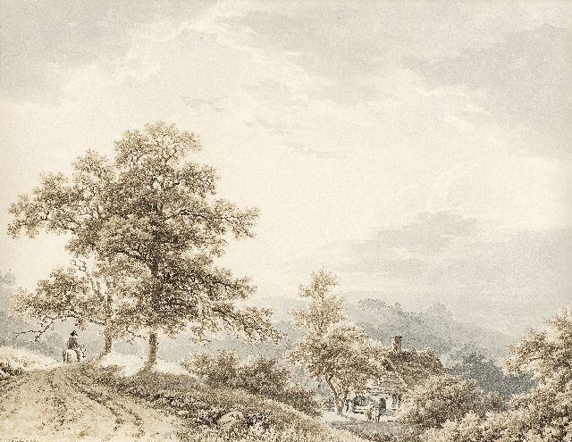 Barend Cornelis Koekkoek | Traveller in a hilly landscape, sepia and washed ink on paper, 21.2 x 27.4 cm, signed l.l. and painted ca. 1833-1840