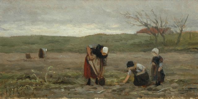 Philip Sadée | Digging up potatoes, oil sketch on paper laid down on panel, 15.8 x 31.0 cm, signed l.l. with monogram and dated 1872