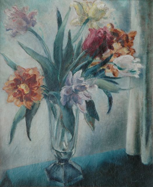 Mommie Schwarz | Tulips in a glass vase, oil on canvas, 55.0 x 46.1 cm, signed l.r.