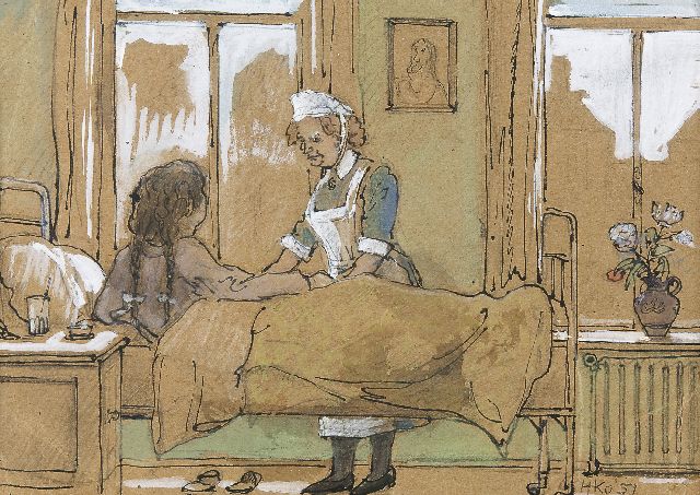 Kamerlingh Onnes H.H.  | In the hospital, pencil, pen and watercolour on paper 20.3 x 28.9 cm, signed l.r. with monogram and dated '51