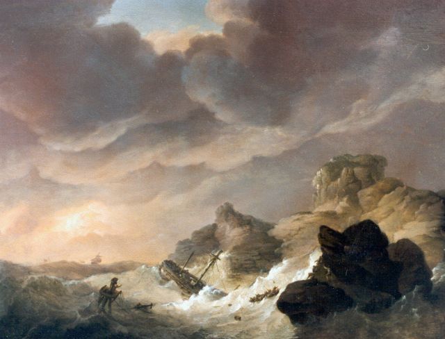 Johannes Hermanus Koekkoek | Sailing-vessel in distress, oil on panel, 26.0 x 33.3 cm