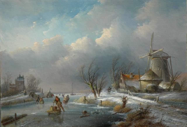 Jan Jacob Spohler | Winter landscape with windmill, skaters and a refreshment stand, oil on panel, 36.3 x 51.6 cm, signed l.r. and dated '59