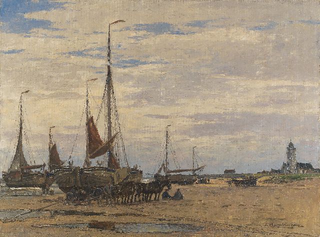 Hambüchen W.  | Herring-fishermen on the beach of Katwijk, oil on canvas 60.4 x 80.8 cm, signed l.r.